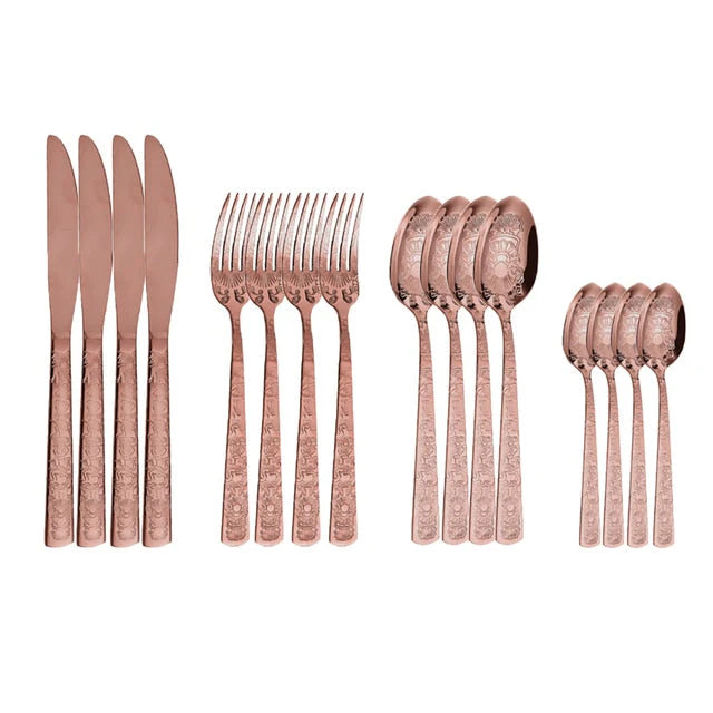 16Pcs Cutlery Set Stainless Steel Engraved Pattern Silverware