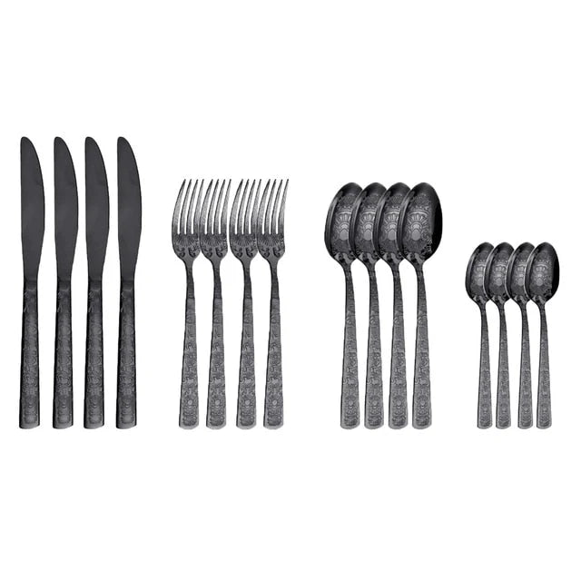 16Pcs Cutlery Set Stainless Steel Engraved Pattern Silverware