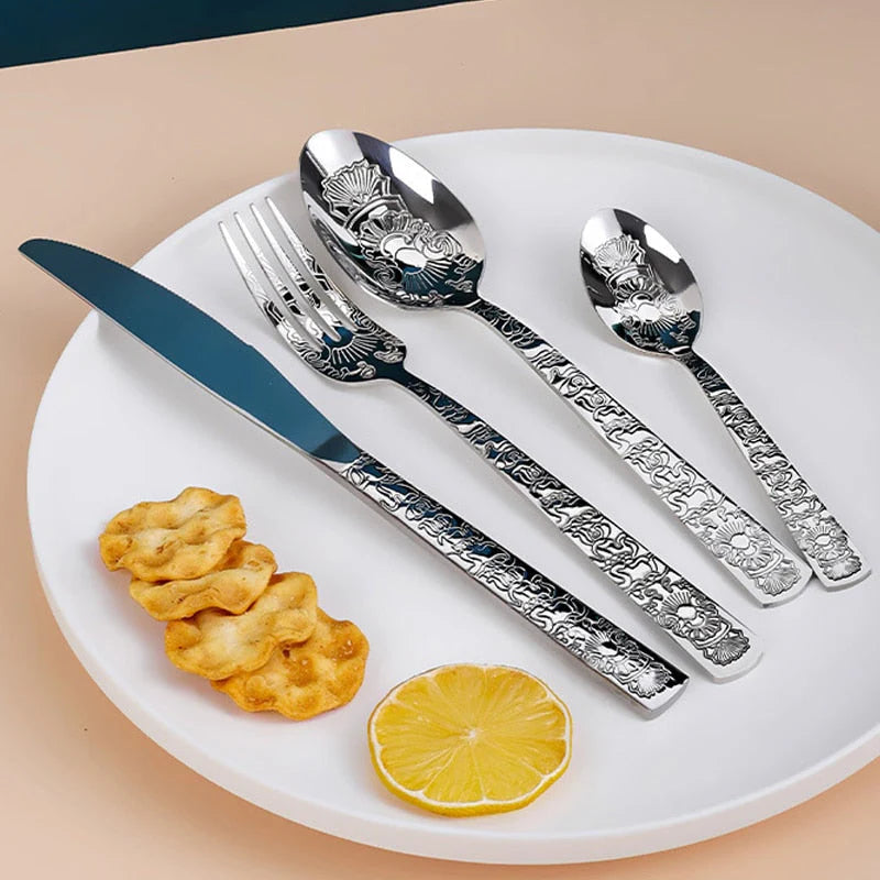 16Pcs Cutlery Set Stainless Steel Engraved Pattern Silverware