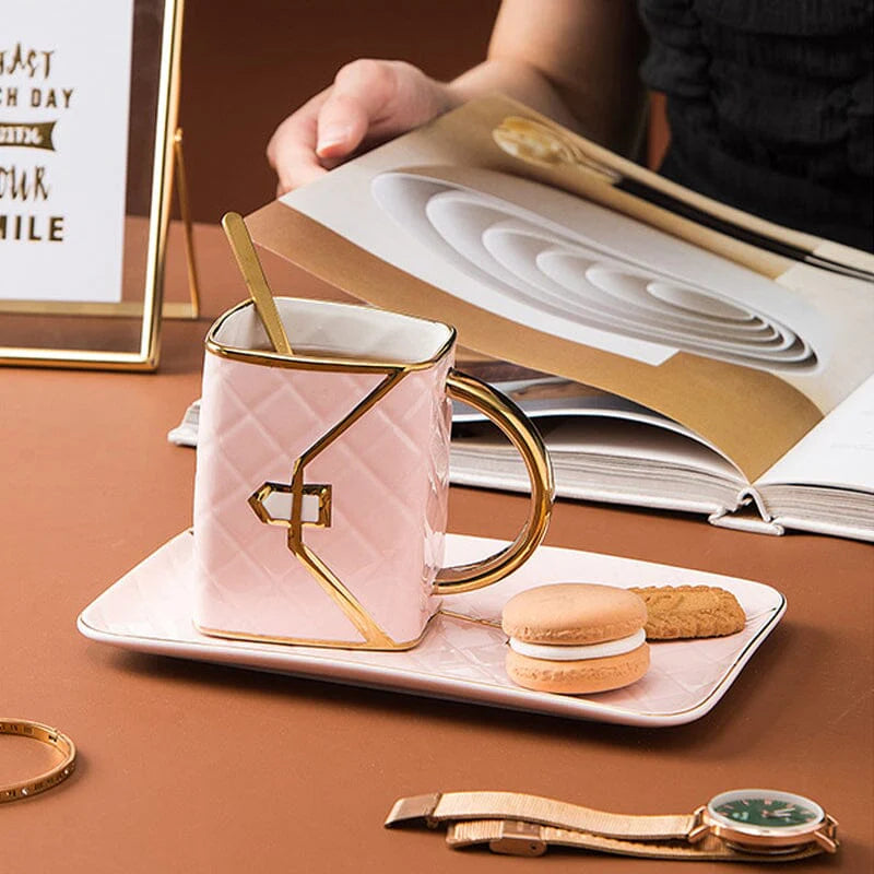 Creative Handbag Shaped Mug With Saucer And Spoon