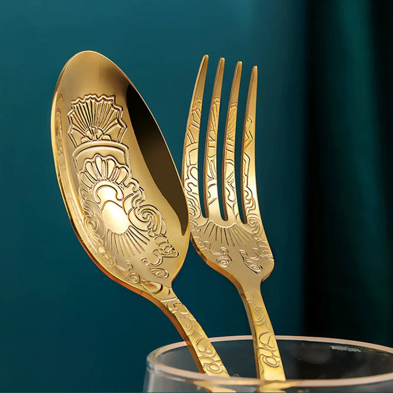 16Pcs Cutlery Set Stainless Steel Engraved Pattern Silverware
